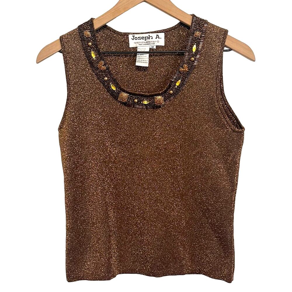 Joseph A Womens Metallic Top Medium Brown Gold Beaded Embellished NYE Sleeveless